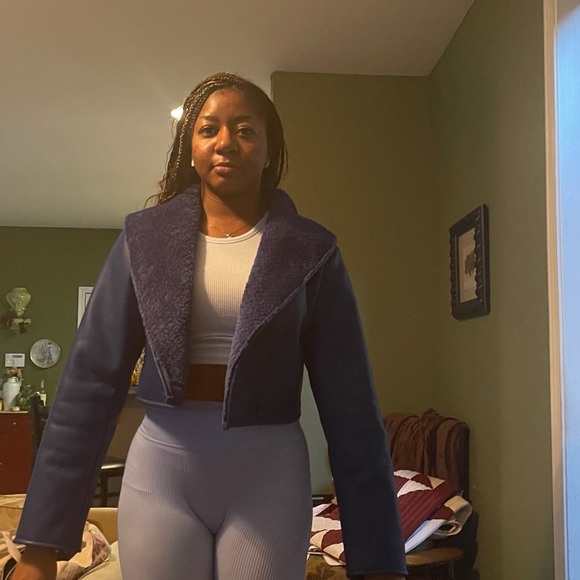 Blue Cropped Faux Leather/ Sherpa Leather Jacker - Picture 6 of 13